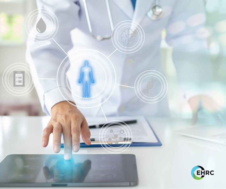 doctor touching glowing tablet. Graphics of different EHR monitoring capabilities